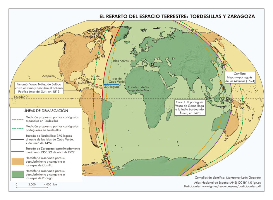 トルデシリャス条約とサラゴサ条約によるスペイン・ポルトガルの世界分割図